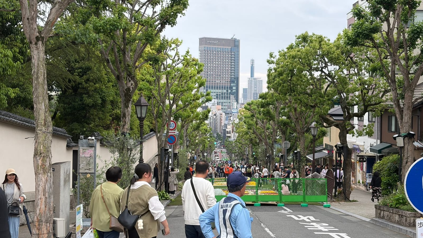 北野坂を北側から見下ろした風景。緑の街路樹のトンネルの先に三宮側のビル群、坂の中央にインフィオラータの作品エリアの仕切り、両側を人波が流れる